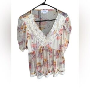 L.I.F.E. Love Is For Eternity Sheer V Neck blouse  Large Floral Cottage Core Y2K